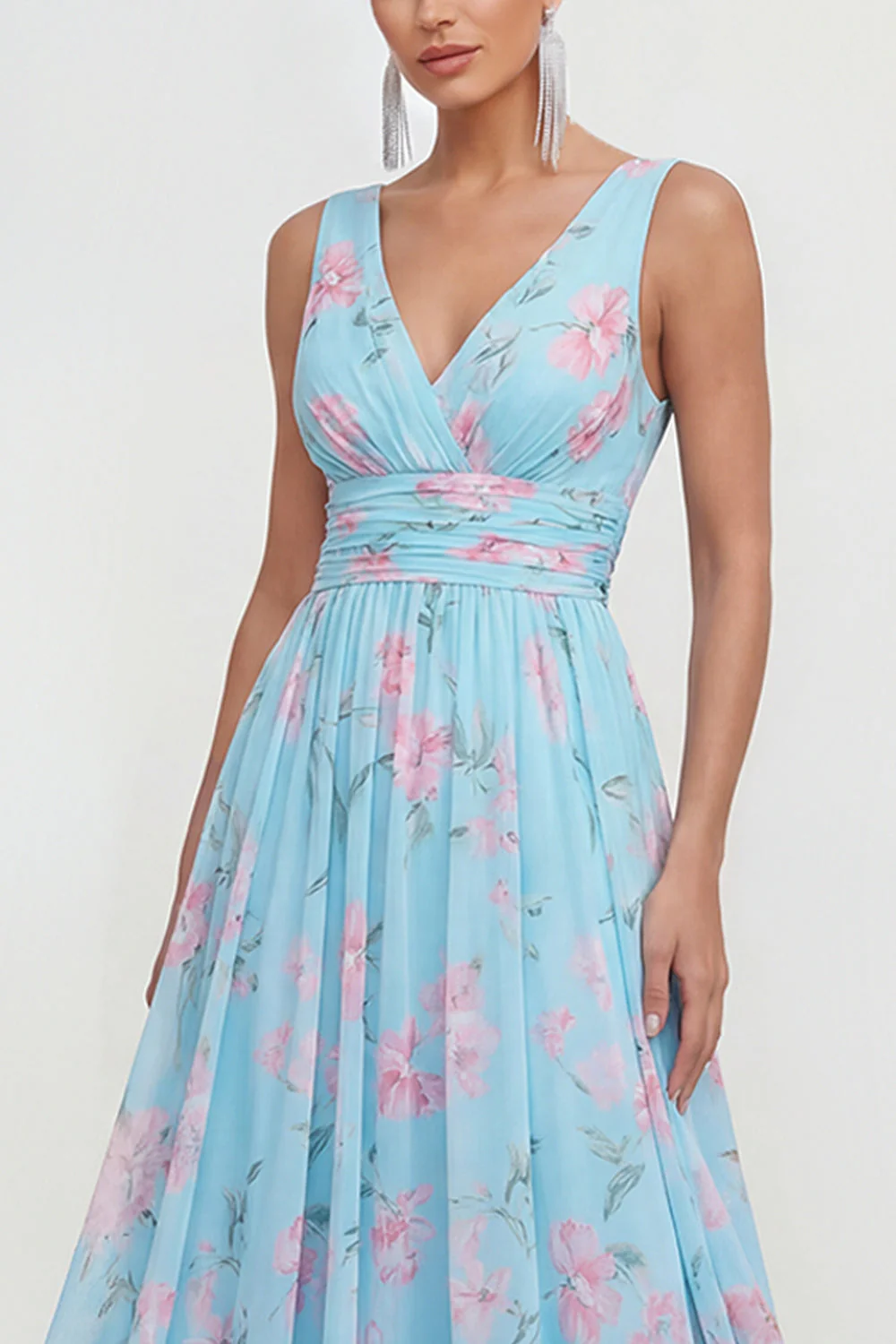 Blue A-Line V-Neck Chiffon Floral Maxi Dress - Image 3