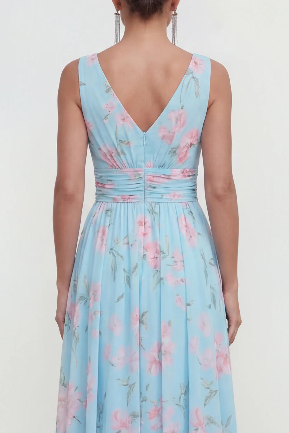 Blue A-Line V-Neck Chiffon Floral Maxi Dress - Image 4