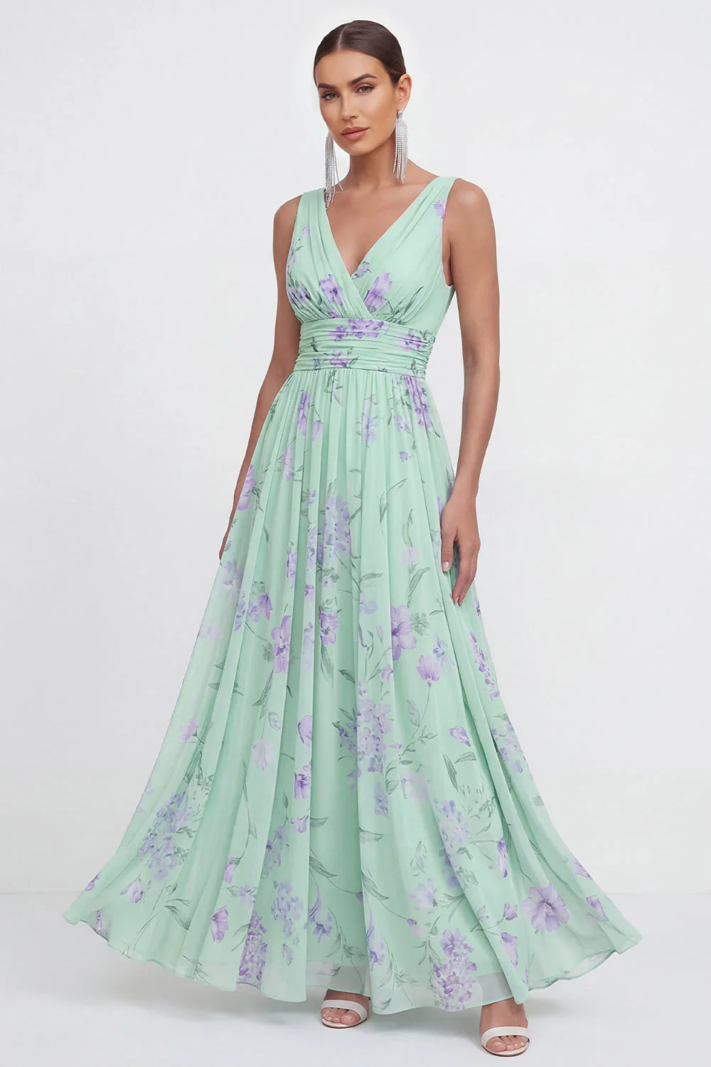 Blue A-Line V-Neck Chiffon Floral Maxi Dress - Image 5