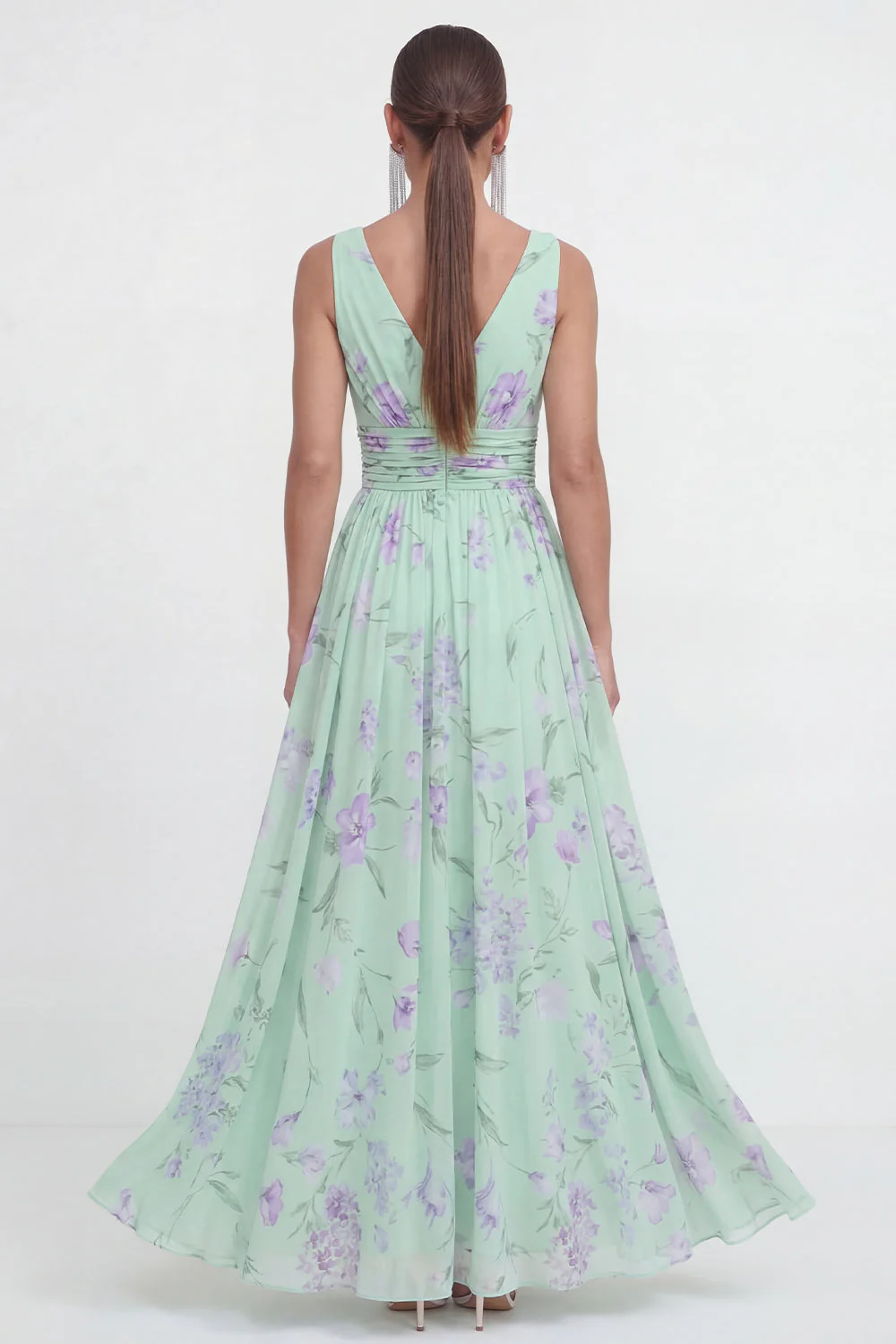 Blue A-Line V-Neck Chiffon Floral Maxi Dress - Image 6