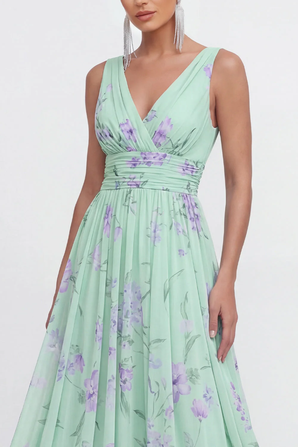 Blue A-Line V-Neck Chiffon Floral Maxi Dress - Image 7