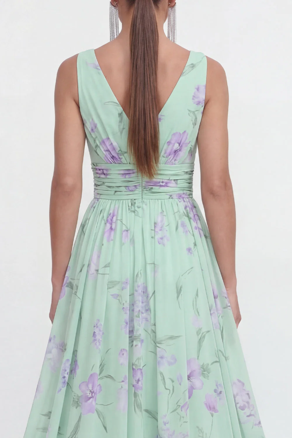 Blue A-Line V-Neck Chiffon Floral Maxi Dress - Image 8
