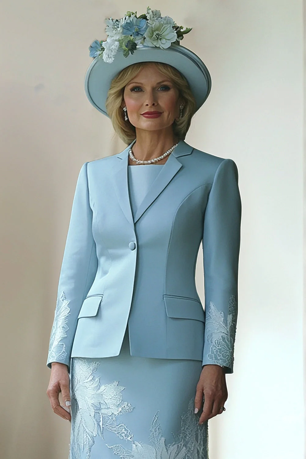 Blue Bodycon Round Neck 2 Piece Appliqued Mother of The Bride Dress - Image 2