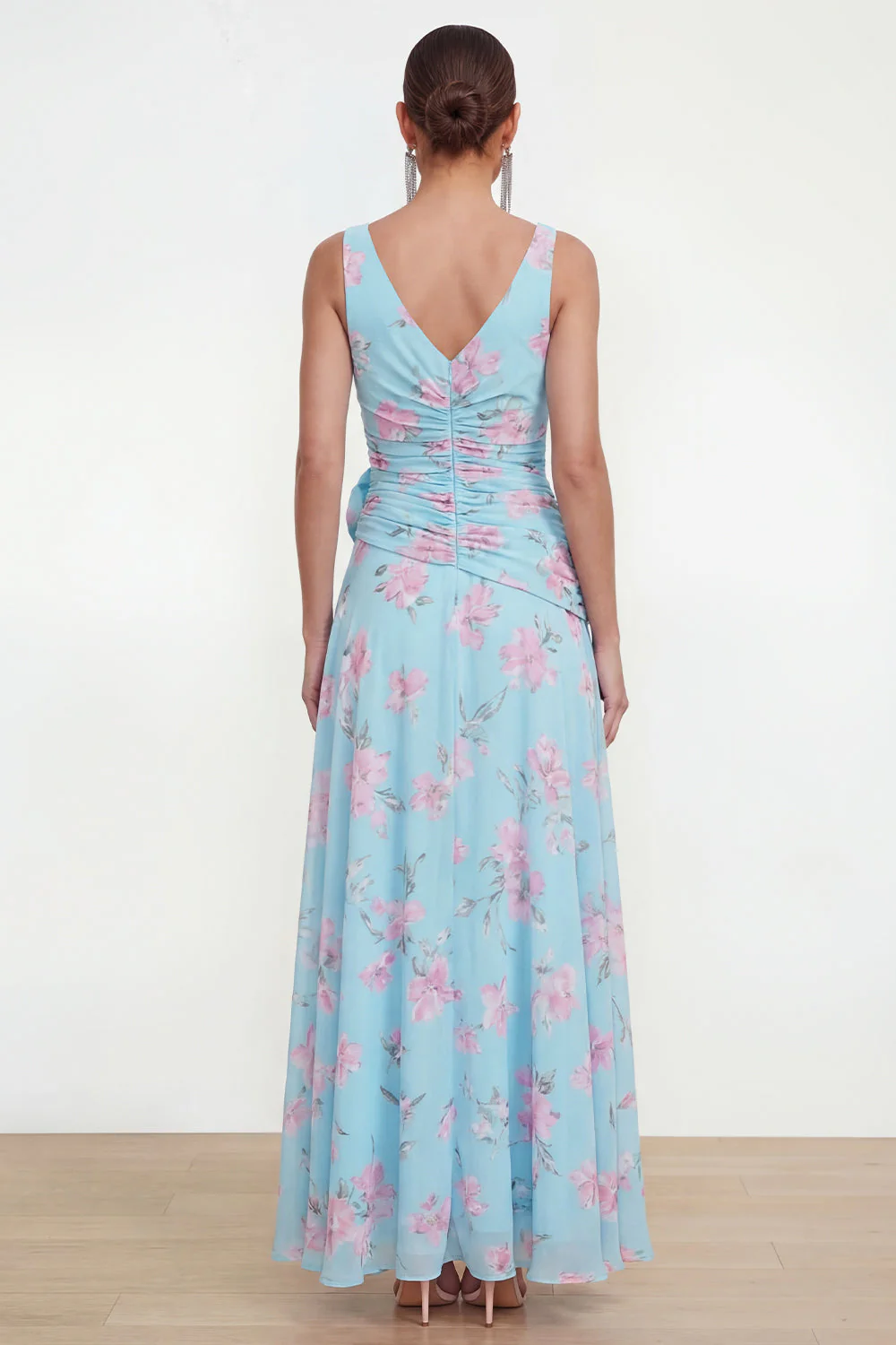 Blue Chiffon A-Line Ruched Side Slit Floral Dress with 3D Flower - Image 2