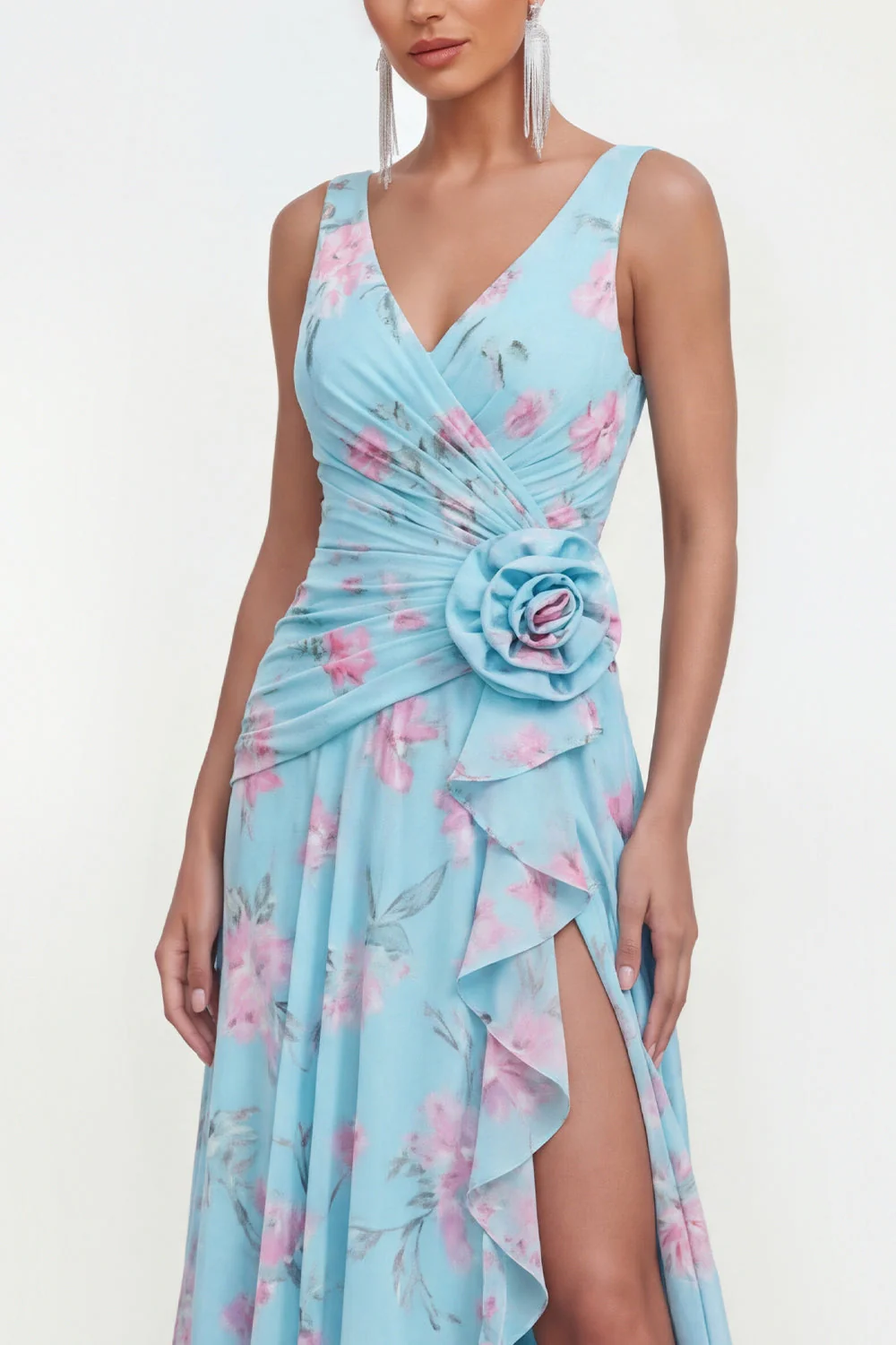 Blue Chiffon A-Line Ruched Side Slit Floral Dress with 3D Flower - Image 3