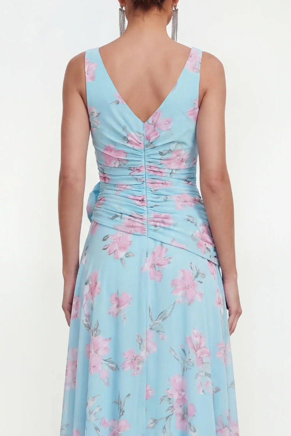 Blue Chiffon A-Line Ruched Side Slit Floral Dress with 3D Flower - Image 4