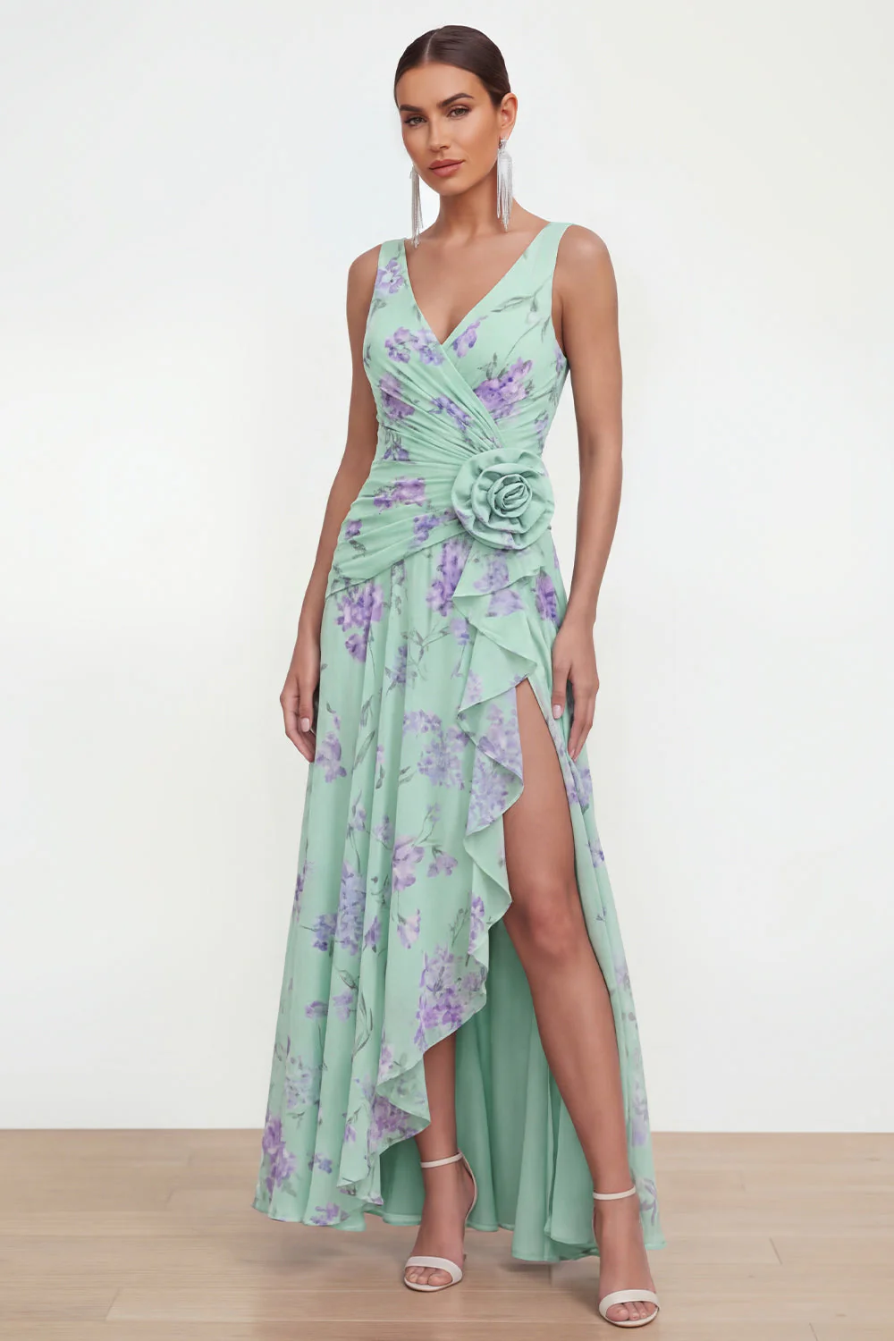 Blue Chiffon A-Line Ruched Side Slit Floral Dress with 3D Flower - Image 5