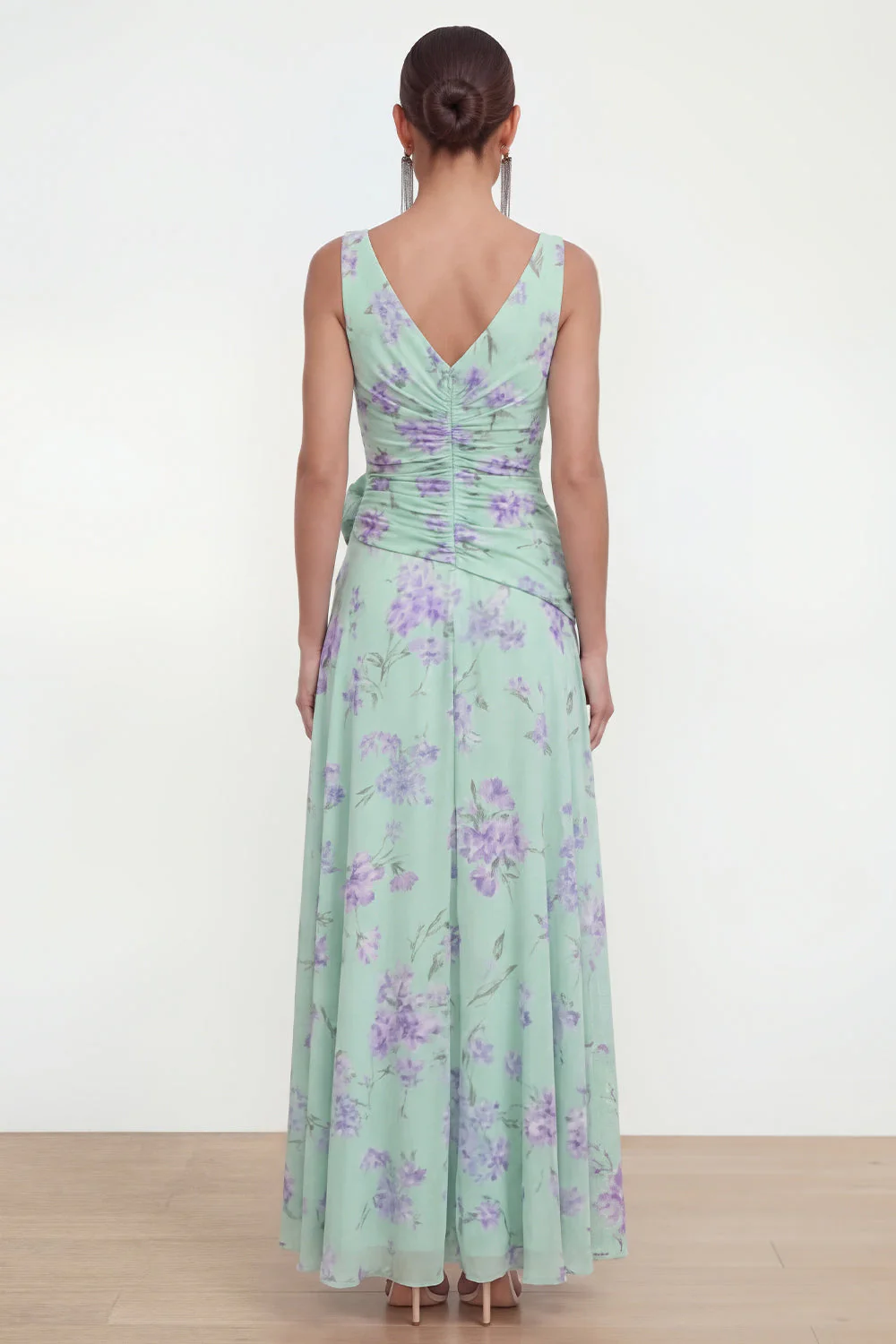 Blue Chiffon A-Line Ruched Side Slit Floral Dress with 3D Flower - Image 6