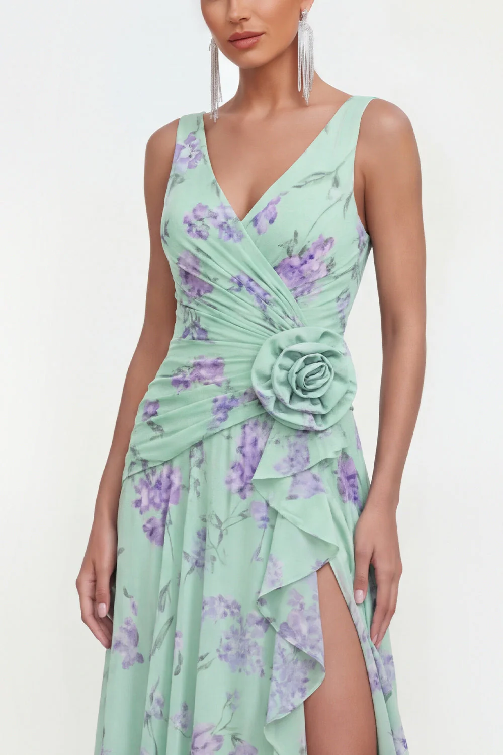 Blue Chiffon A-Line Ruched Side Slit Floral Dress with 3D Flower - Image 7