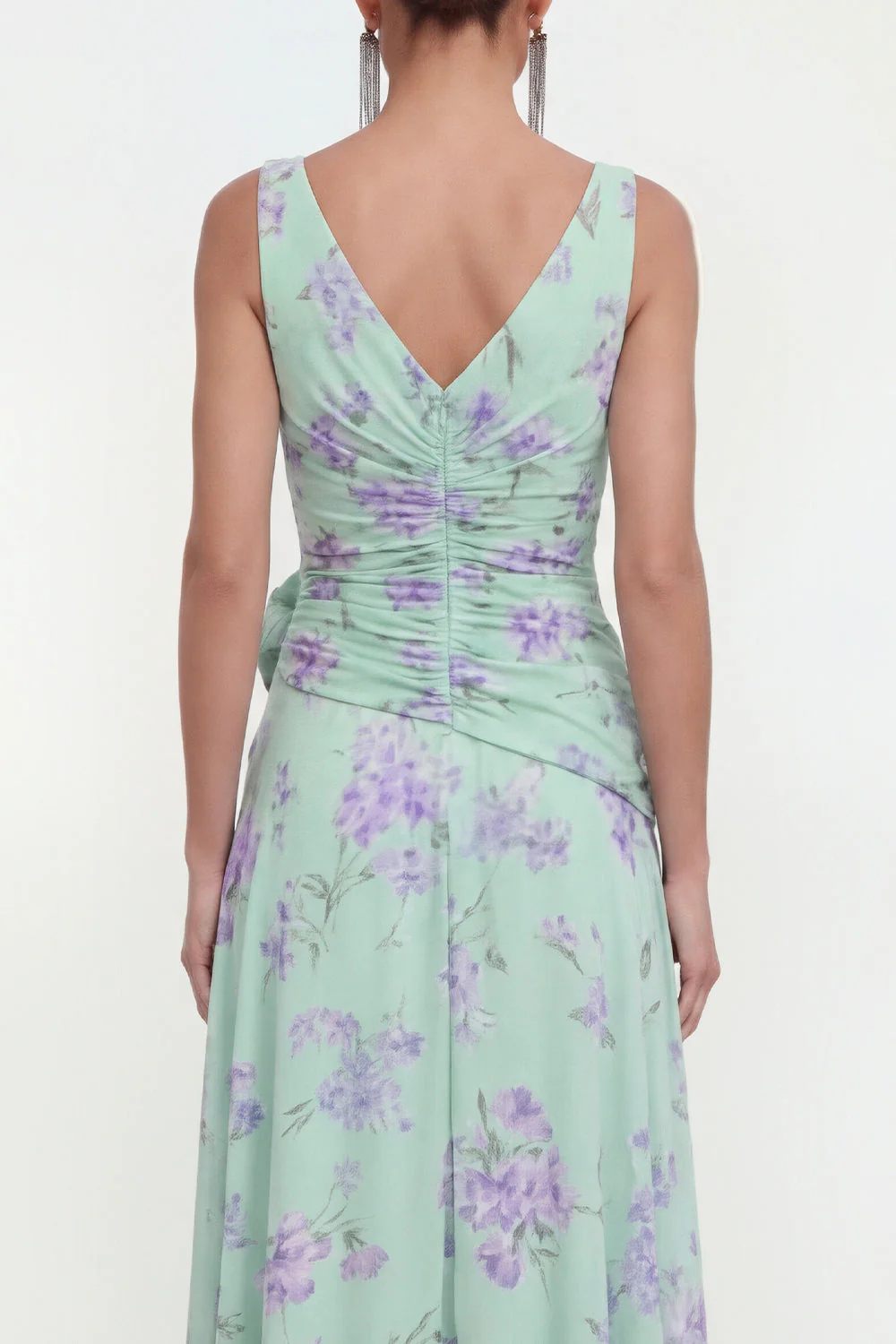 Blue Chiffon A-Line Ruched Side Slit Floral Dress with 3D Flower - Image 8