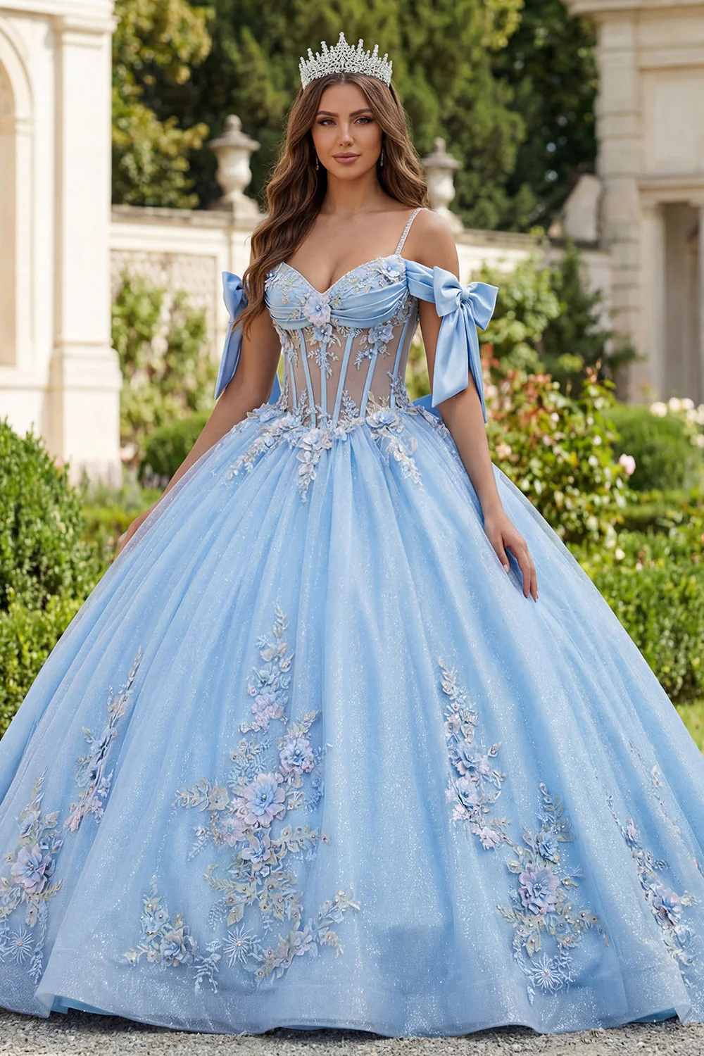 Blue Cold Shoulder Corset Appliqued Ball Gown Quinceanera Dress