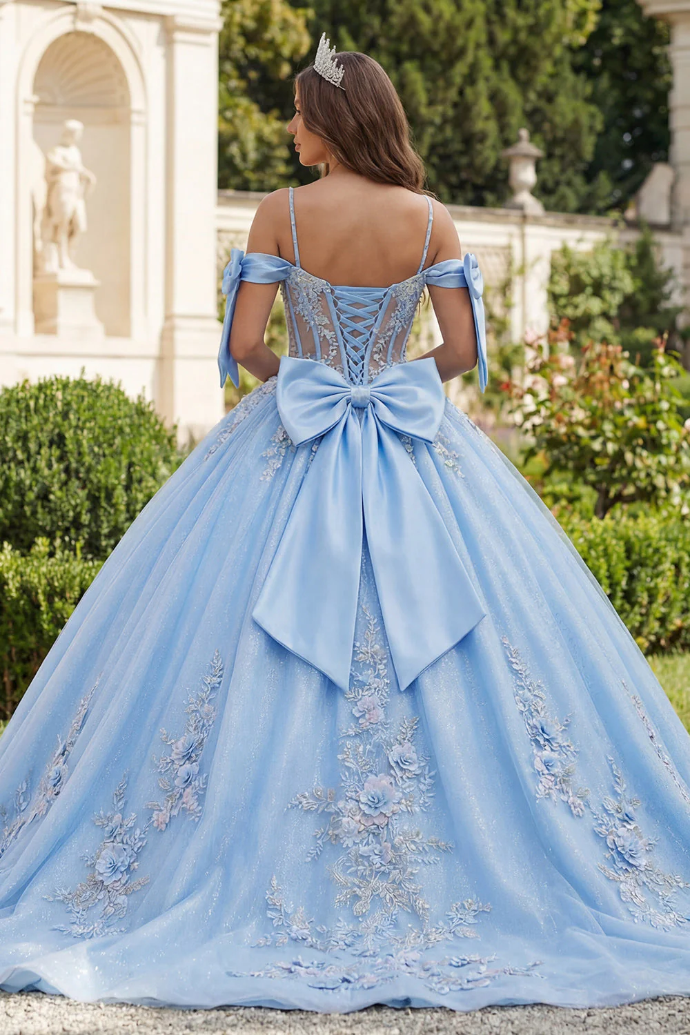 Blue Cold Shoulder Corset Appliqued Ball Gown Quinceanera Dress - Image 2