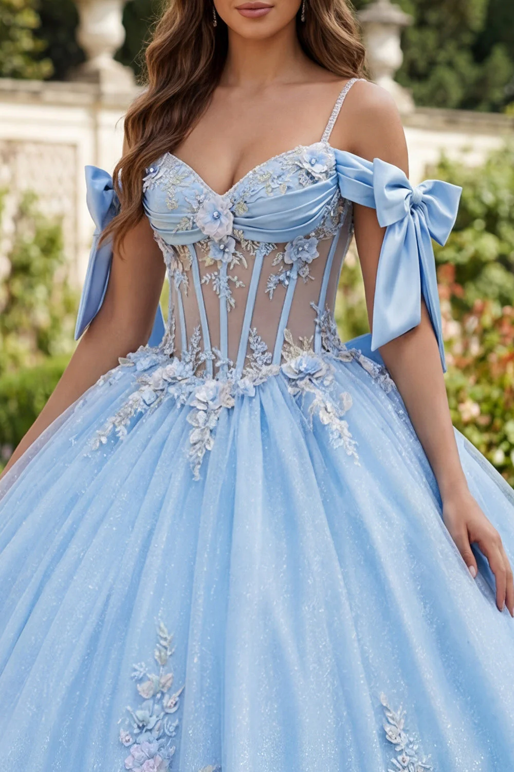 Blue Cold Shoulder Corset Appliqued Ball Gown Quinceanera Dress - Image 3