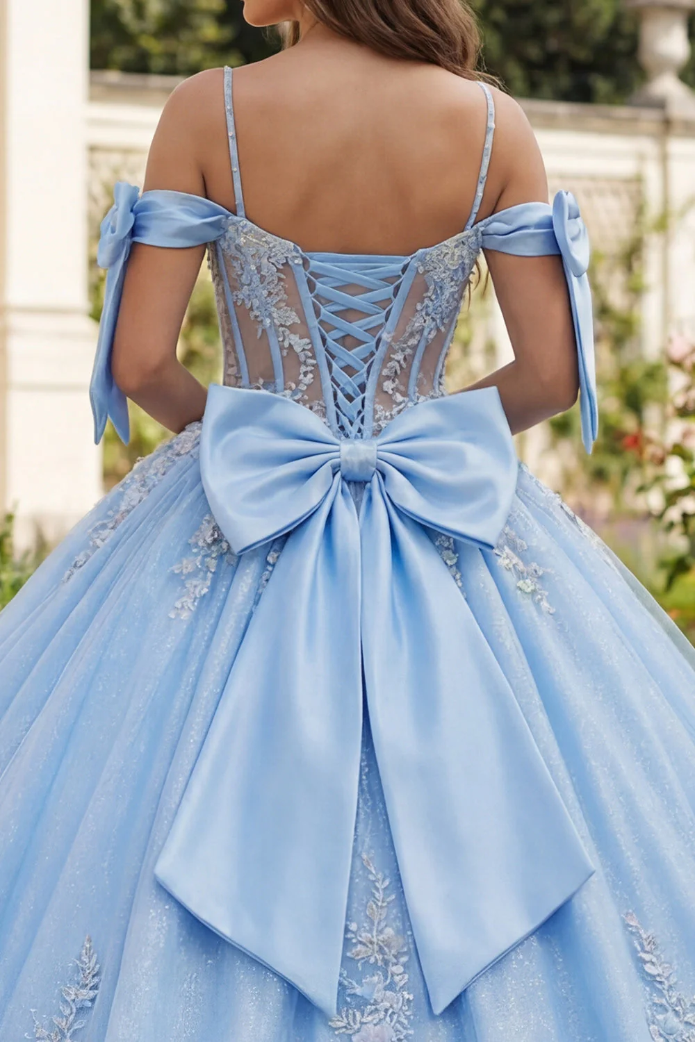 Blue Cold Shoulder Corset Appliqued Ball Gown Quinceanera Dress - Image 4
