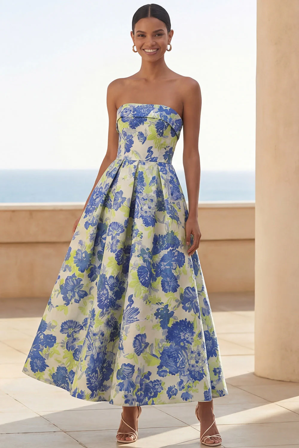 Blue Daffodil Flower A-Line Strapless Printed Ruched Long Floral Dress