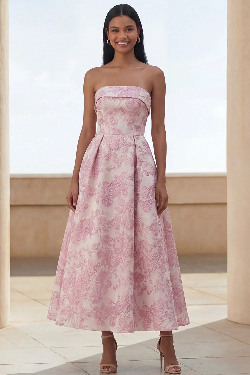 Blue Daffodil Flower A-Line Strapless Printed Ruched Long Floral Dress - Image 10