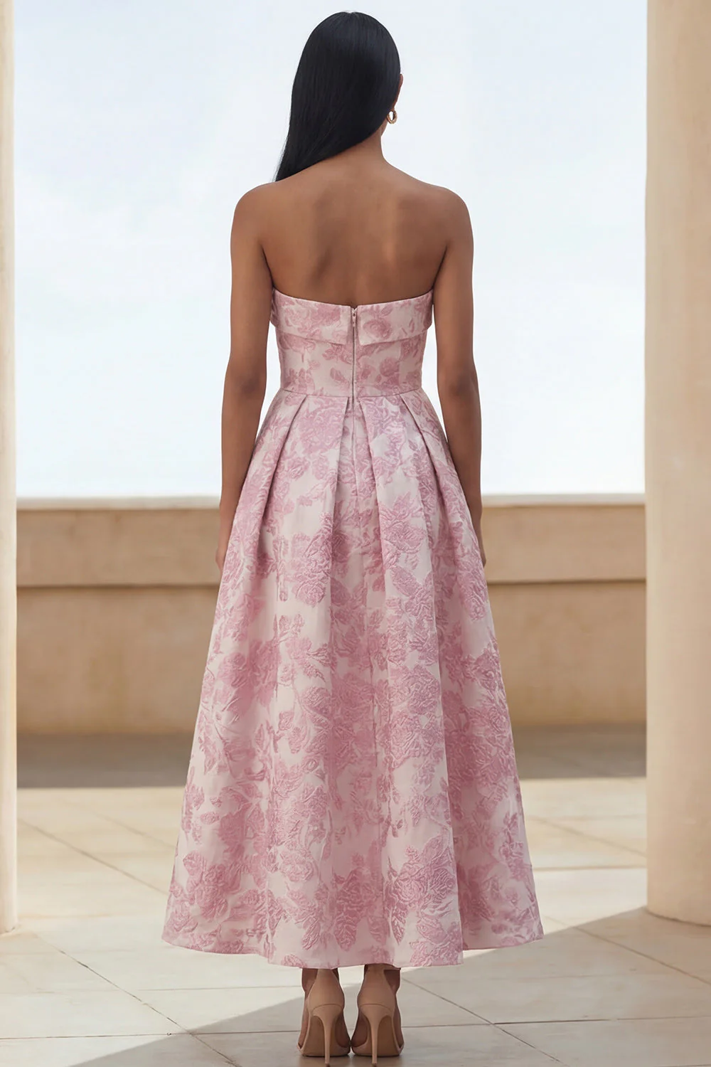 Blue Daffodil Flower A-Line Strapless Printed Ruched Long Floral Dress - Image 11