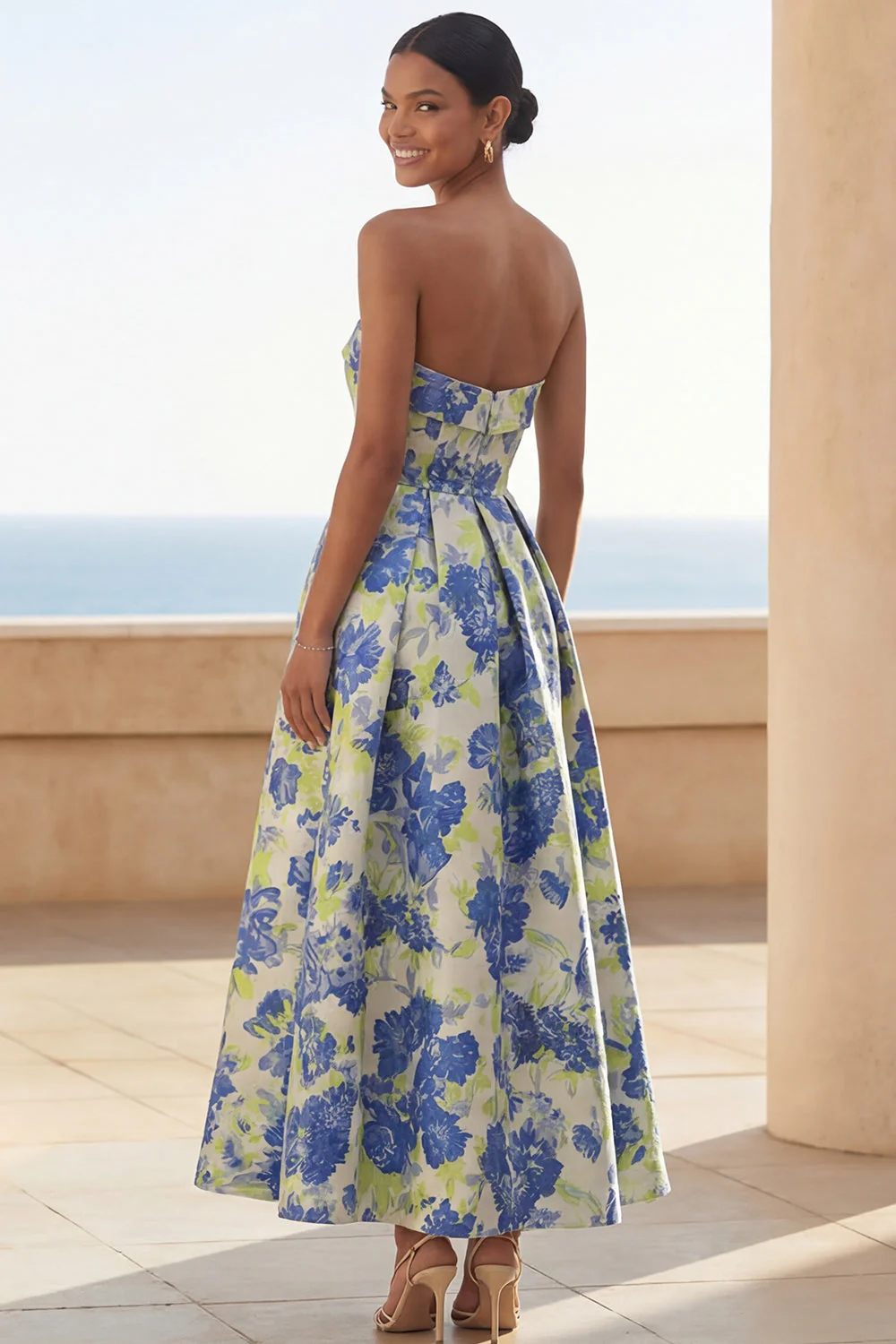 Blue Daffodil Flower A-Line Strapless Printed Ruched Long Floral Dress - Image 2
