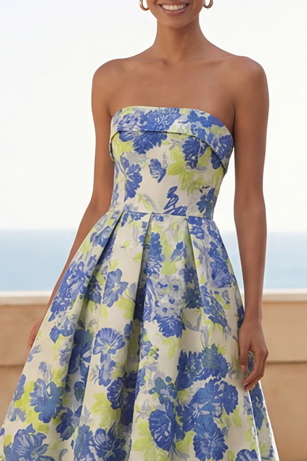 Blue Daffodil Flower A-Line Strapless Printed Ruched Long Floral Dress - Image 4