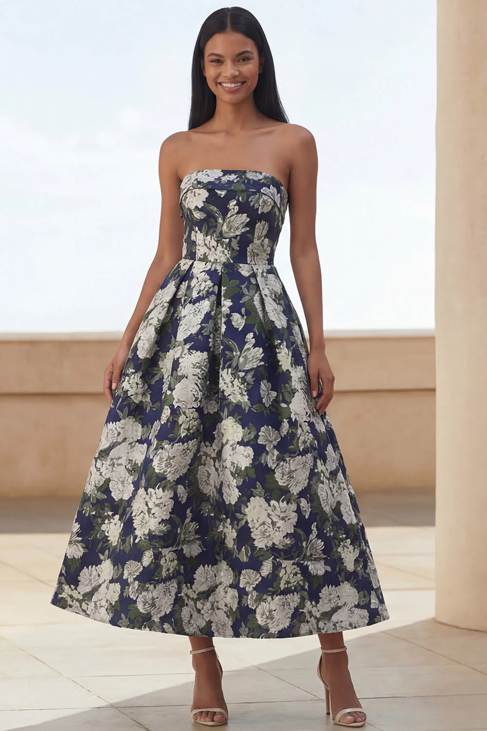 Blue Daffodil Flower A-Line Strapless Printed Ruched Long Floral Dress - Image 6