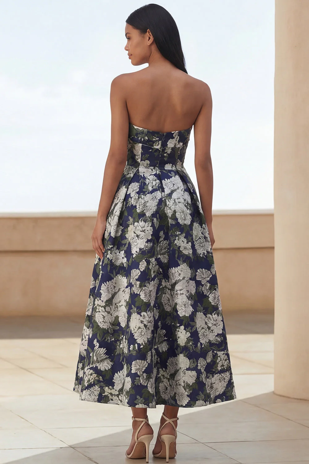 Blue Daffodil Flower A-Line Strapless Printed Ruched Long Floral Dress - Image 7