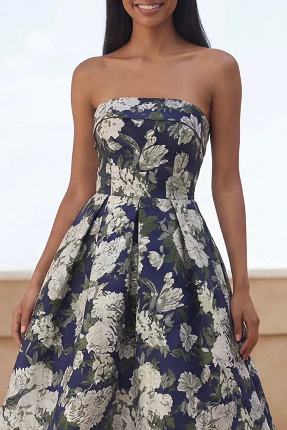 Blue Daffodil Flower A-Line Strapless Printed Ruched Long Floral Dress - Image 8