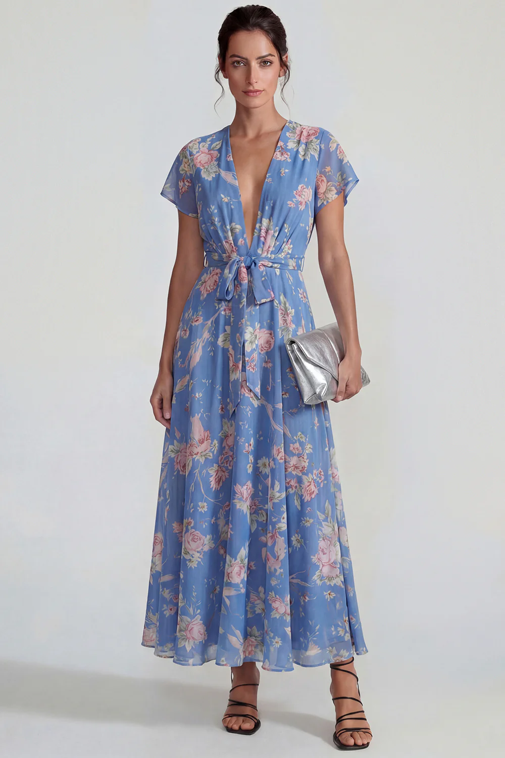 Blue Deep V Neck Pink Floral Chiffon A Line Midi Dress with Bowknot