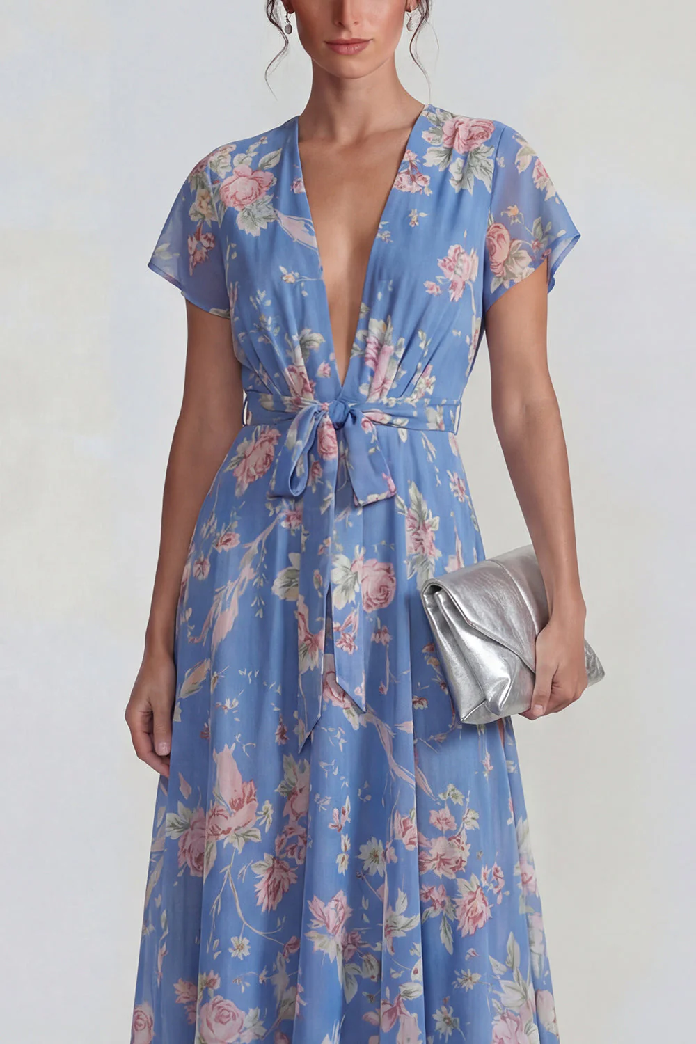 Blue Deep V Neck Pink Floral Chiffon A Line Midi Dress with Bowknot - Image 3