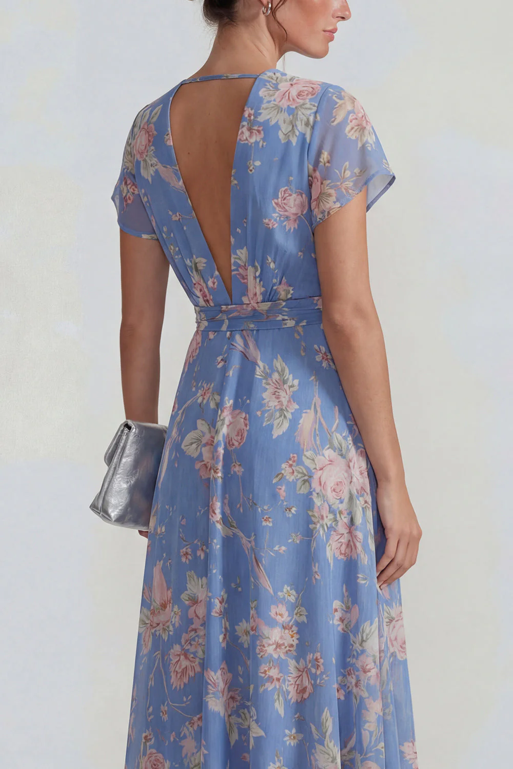 Blue Deep V Neck Pink Floral Chiffon A Line Midi Dress with Bowknot - Image 4