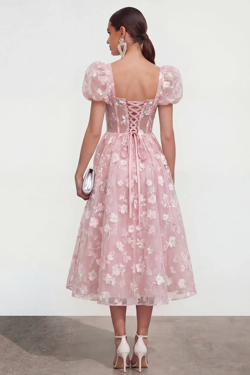 Blue Floral A-Line Lace Up Back Midi Dress with Puff Sleeves - Image 10