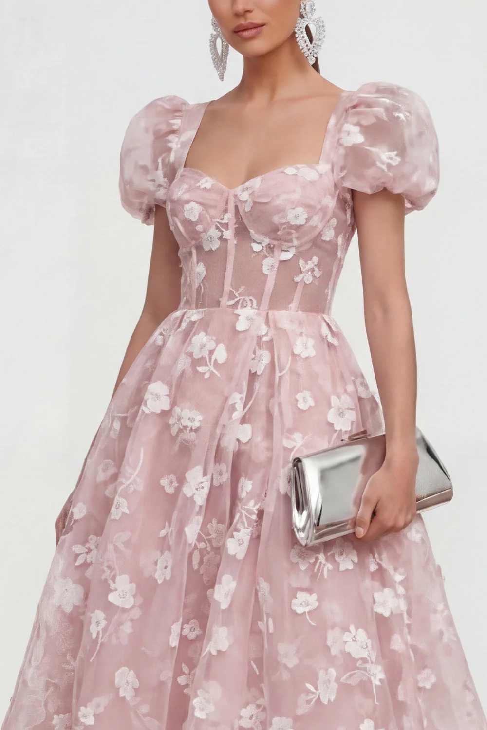 Blue Floral A-Line Lace Up Back Midi Dress with Puff Sleeves - Image 11
