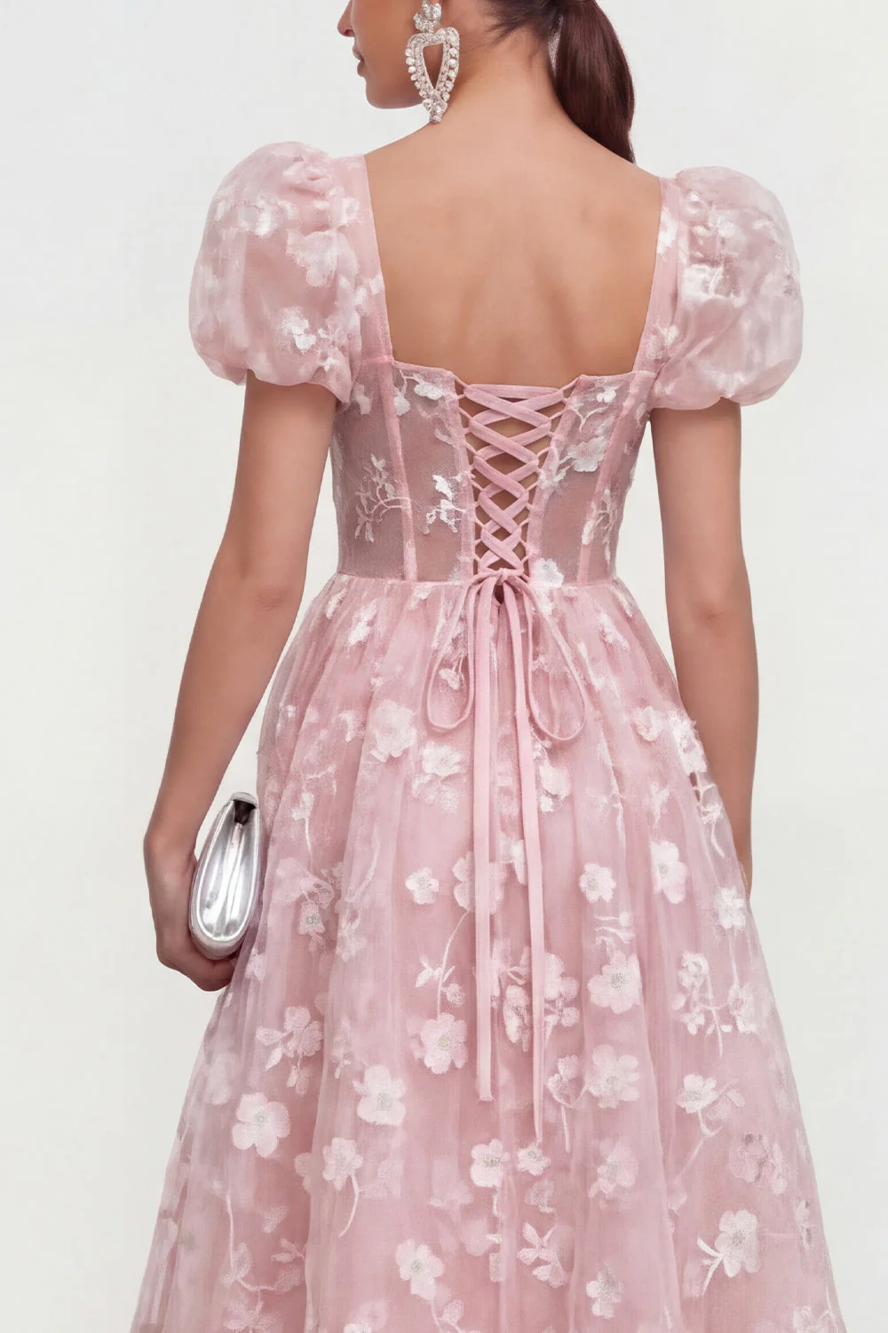 Blue Floral A-Line Lace Up Back Midi Dress with Puff Sleeves - Image 12