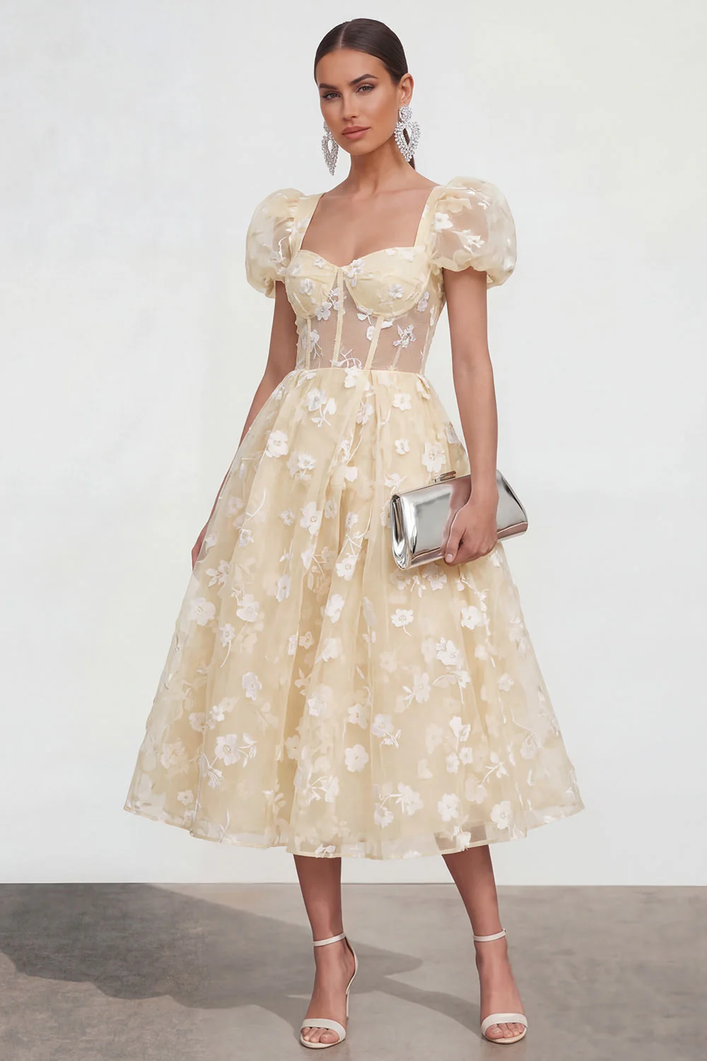 Blue Floral A-Line Lace Up Back Midi Dress with Puff Sleeves - Image 13