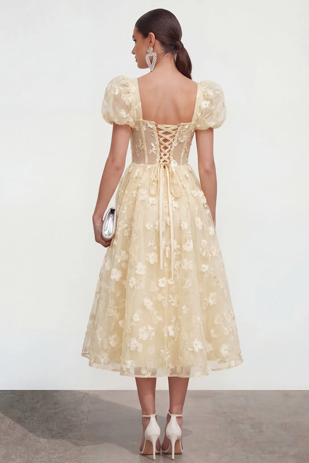 Blue Floral A-Line Lace Up Back Midi Dress with Puff Sleeves - Image 14