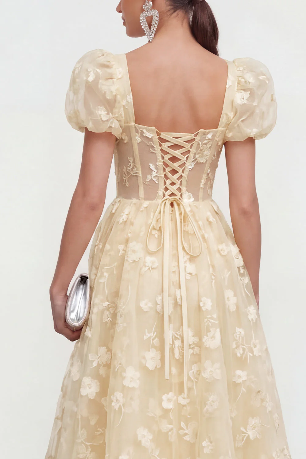 Blue Floral A-Line Lace Up Back Midi Dress with Puff Sleeves - Image 16