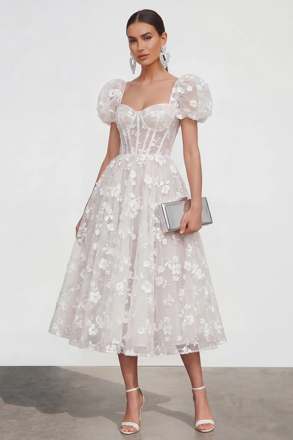 Blue Floral A-Line Lace Up Back Midi Dress with Puff Sleeves - Image 17