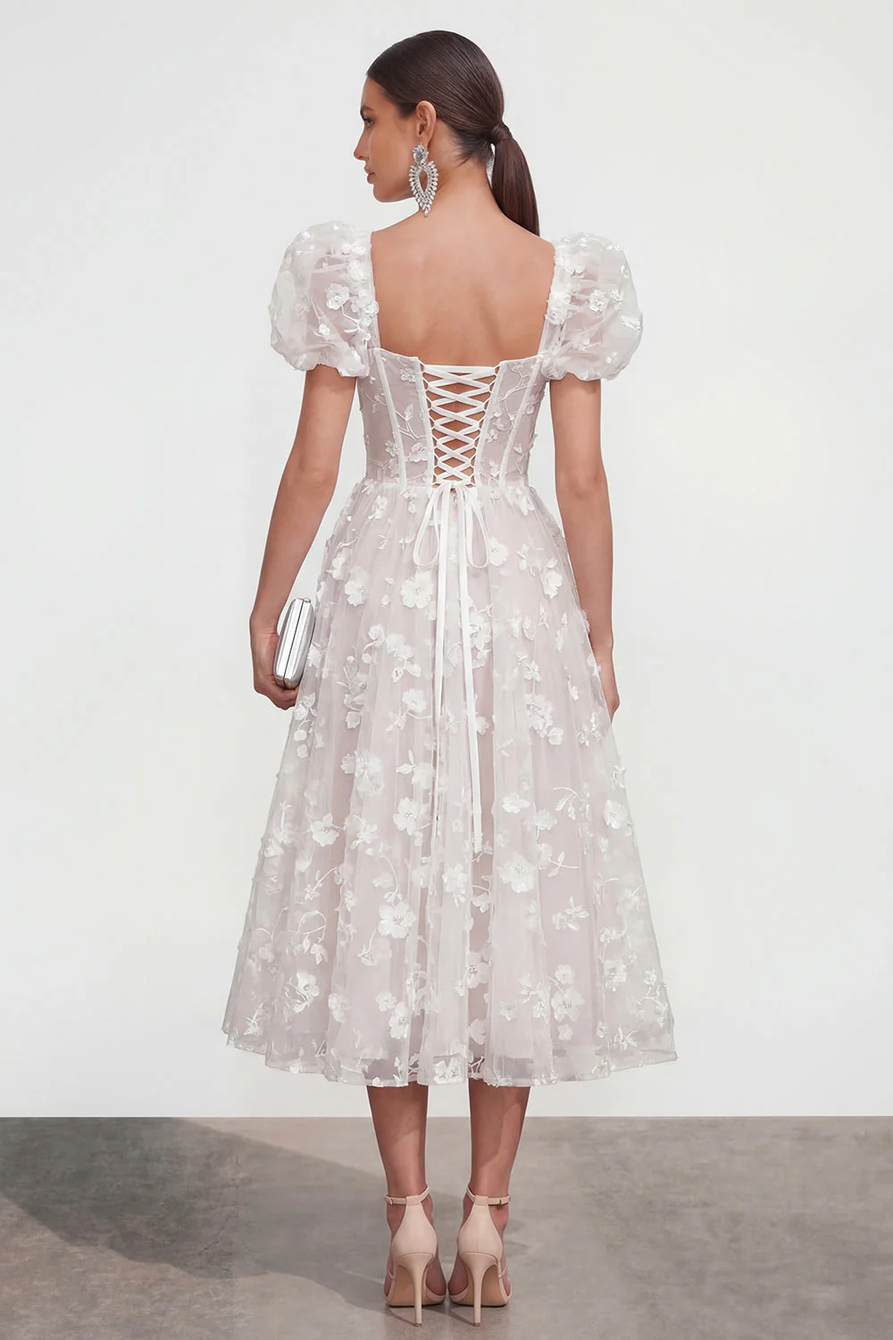Blue Floral A-Line Lace Up Back Midi Dress with Puff Sleeves - Image 18