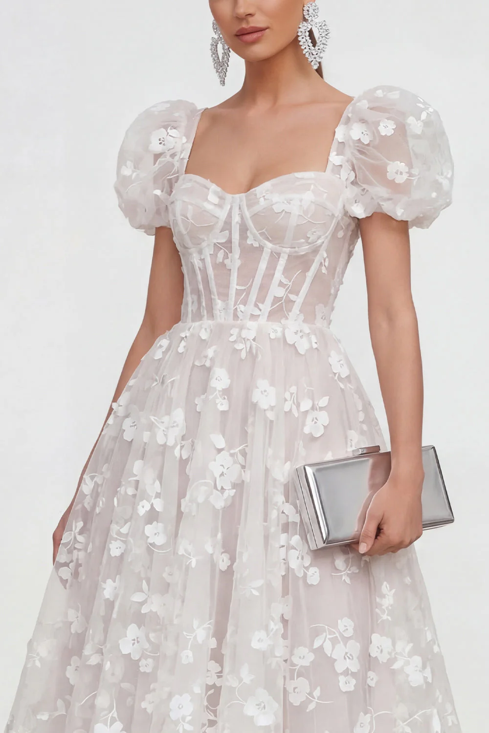Blue Floral A-Line Lace Up Back Midi Dress with Puff Sleeves - Image 19
