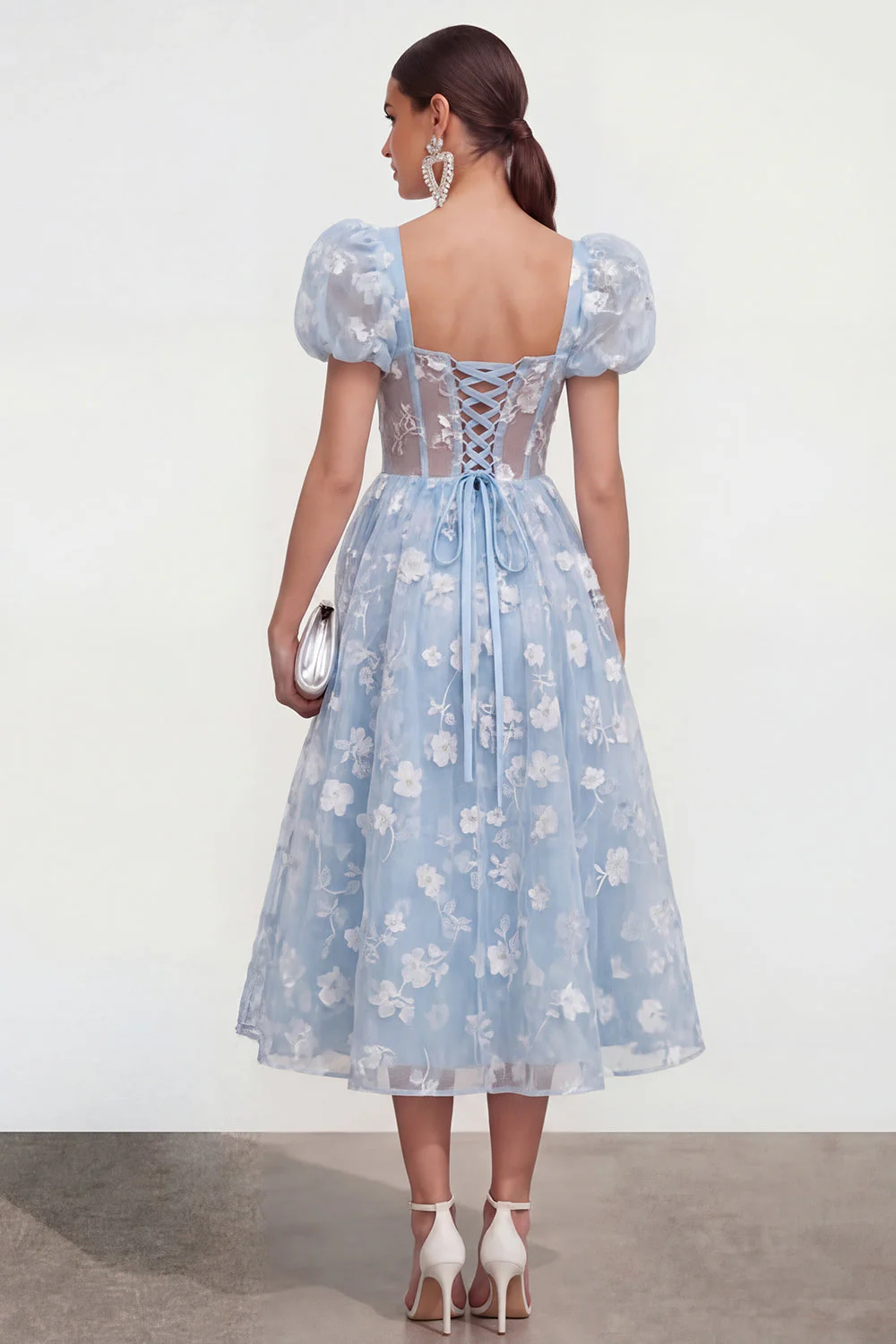 Blue Floral A-Line Lace Up Back Midi Dress with Puff Sleeves - Image 2