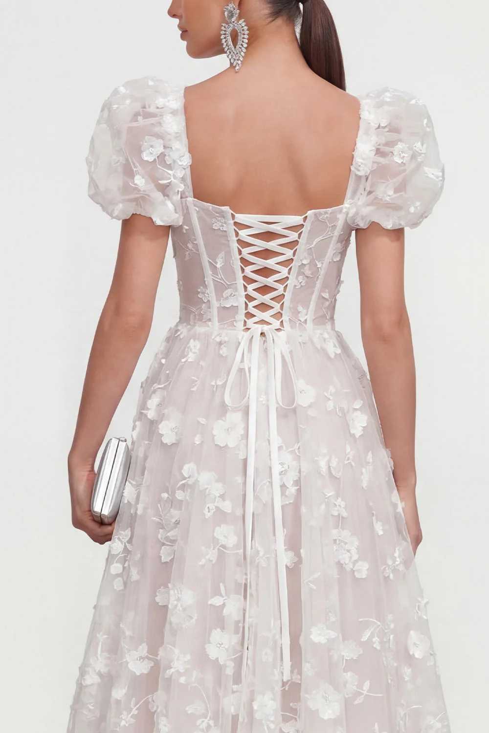 Blue Floral A-Line Lace Up Back Midi Dress with Puff Sleeves - Image 20