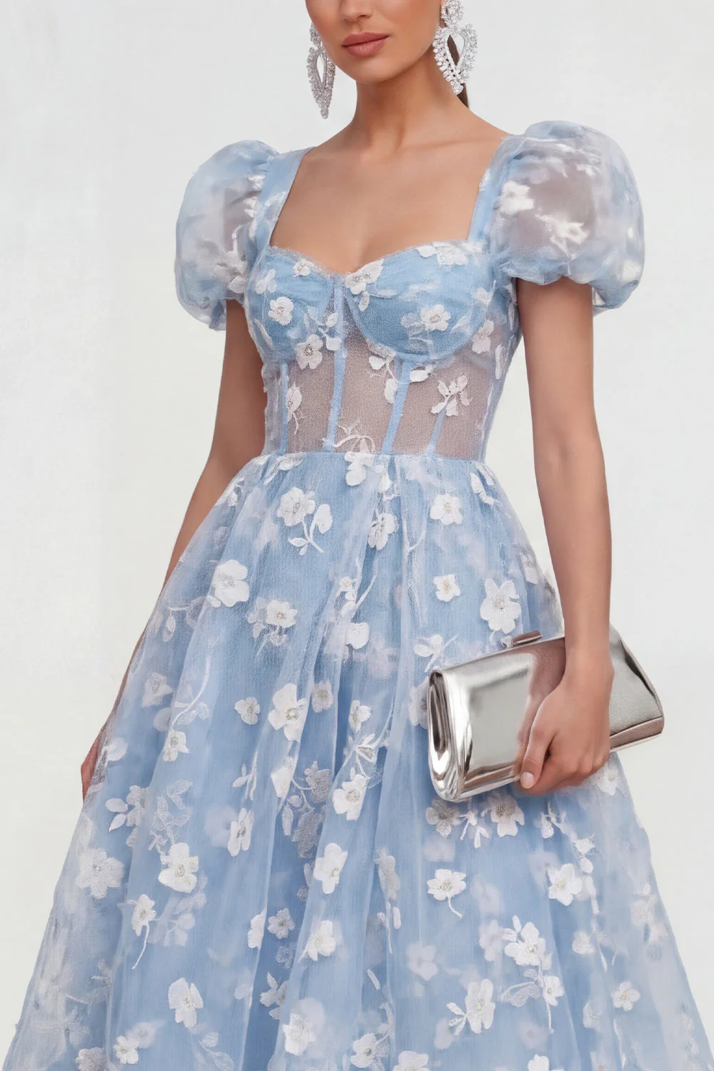 Blue Floral A-Line Lace Up Back Midi Dress with Puff Sleeves - Image 3
