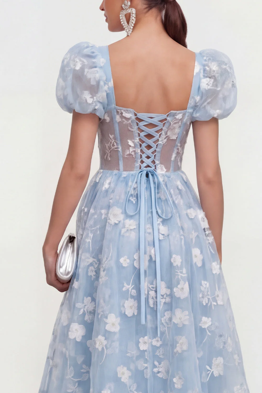 Blue Floral A-Line Lace Up Back Midi Dress with Puff Sleeves - Image 4