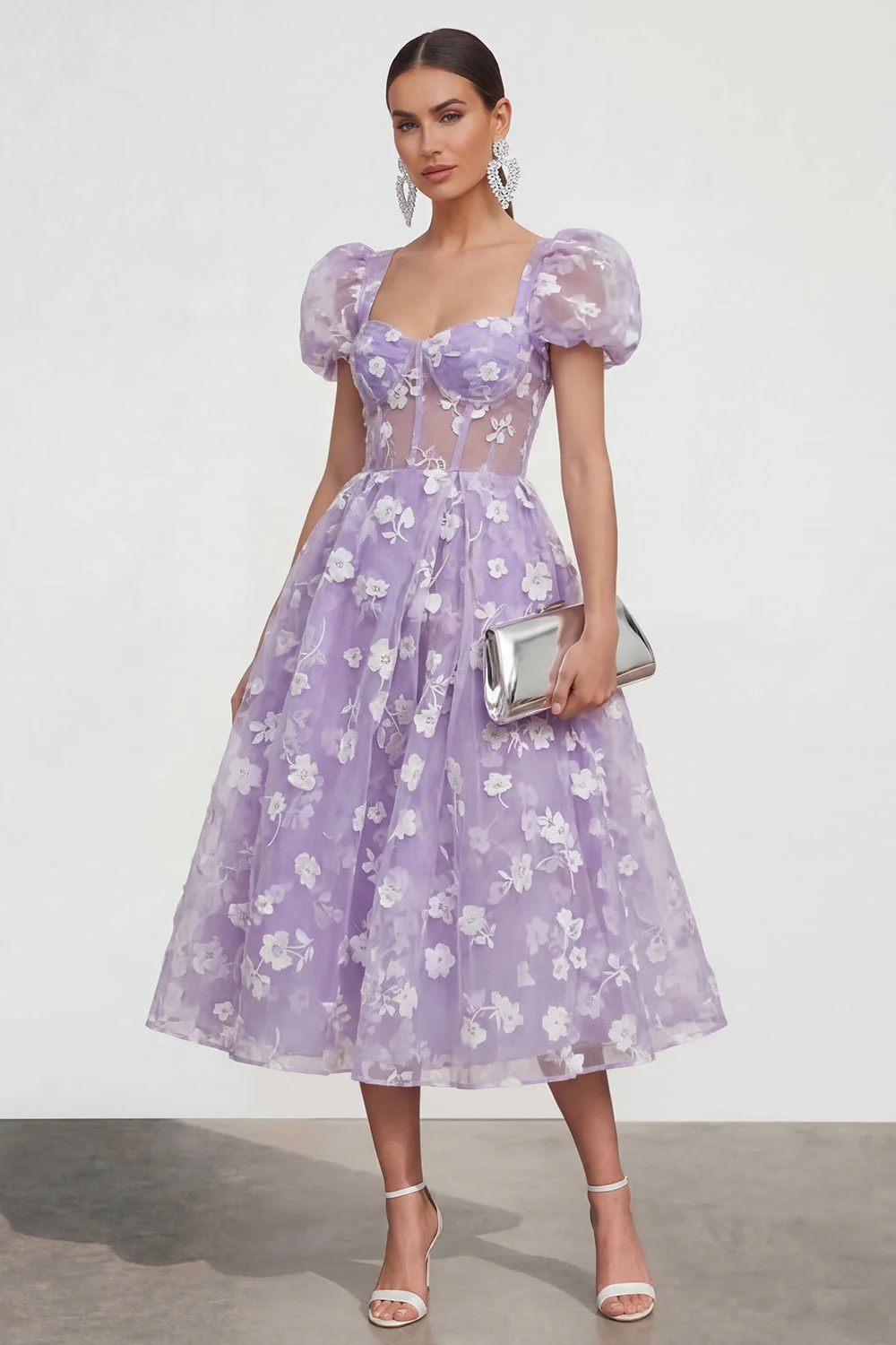 Blue Floral A-Line Lace Up Back Midi Dress with Puff Sleeves - Image 5