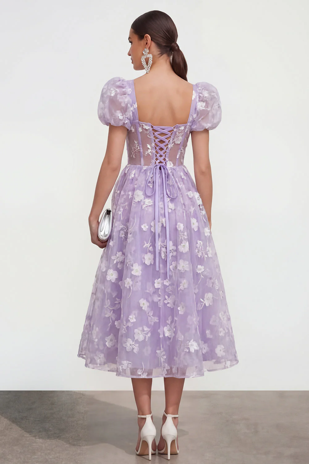 Blue Floral A-Line Lace Up Back Midi Dress with Puff Sleeves - Image 6