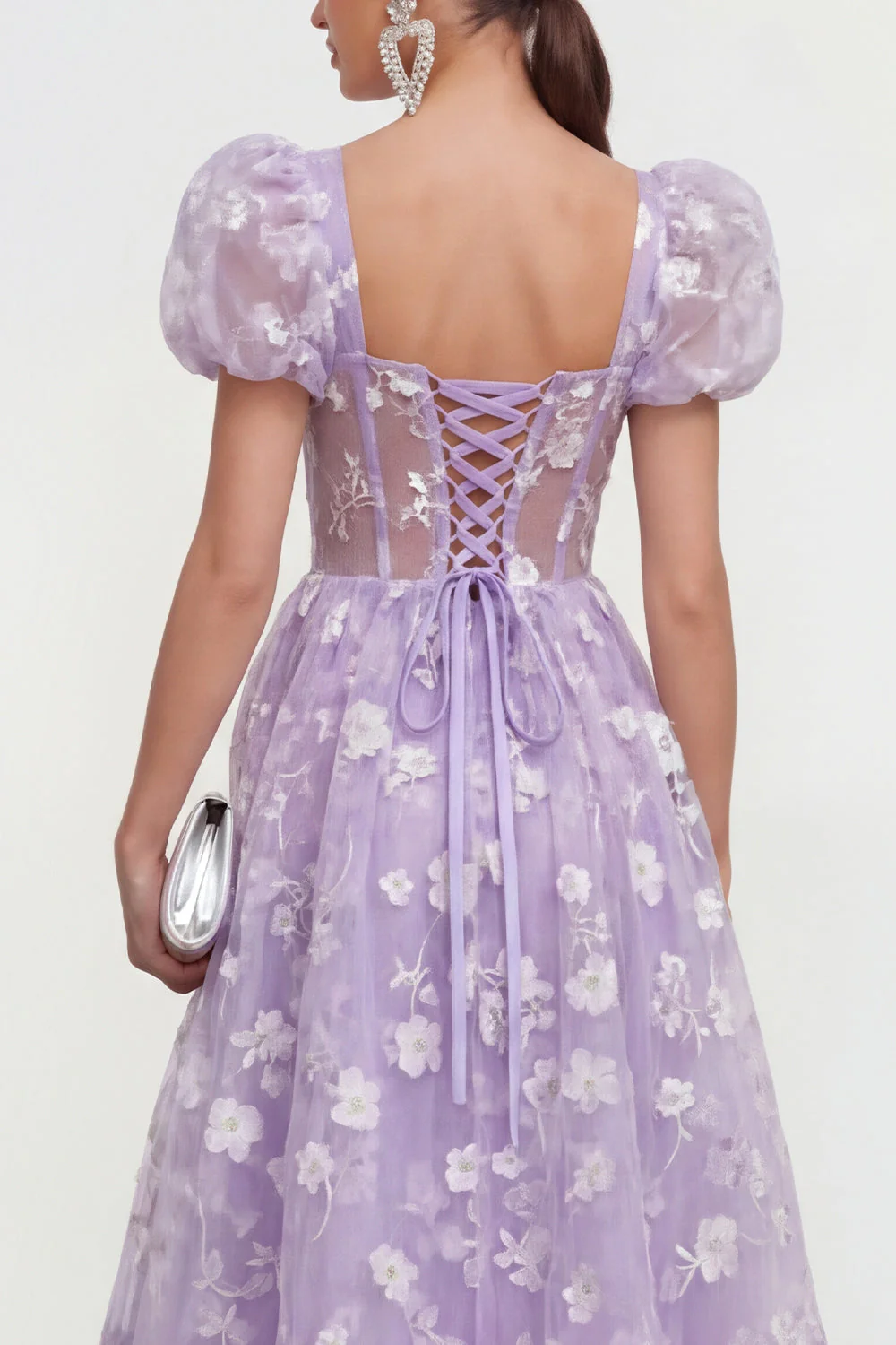 Blue Floral A-Line Lace Up Back Midi Dress with Puff Sleeves - Image 8