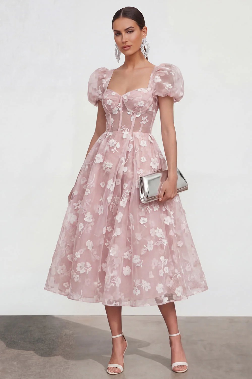 Blue Floral A-Line Lace Up Back Midi Dress with Puff Sleeves - Image 9