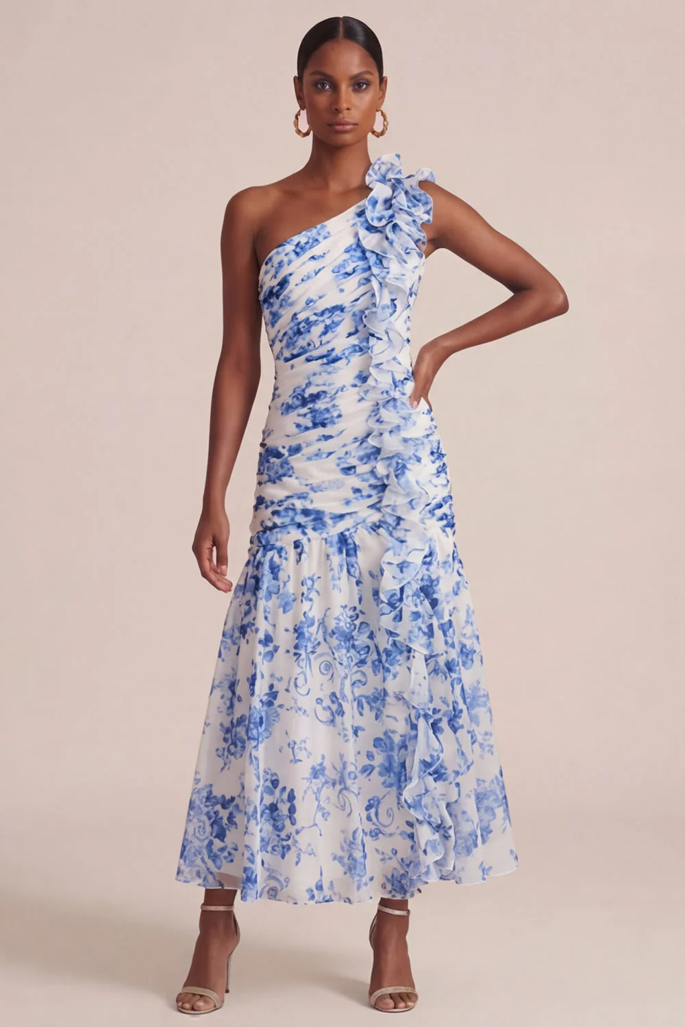 Blue A Line One Shoulder Printed Long Floral Dress with Ruffles