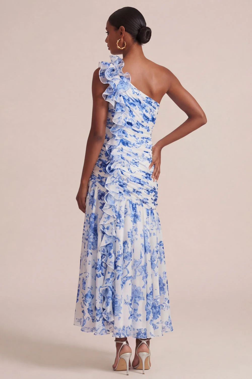 Blue A Line One Shoulder Printed Long Floral Dress with Ruffles - Image 2