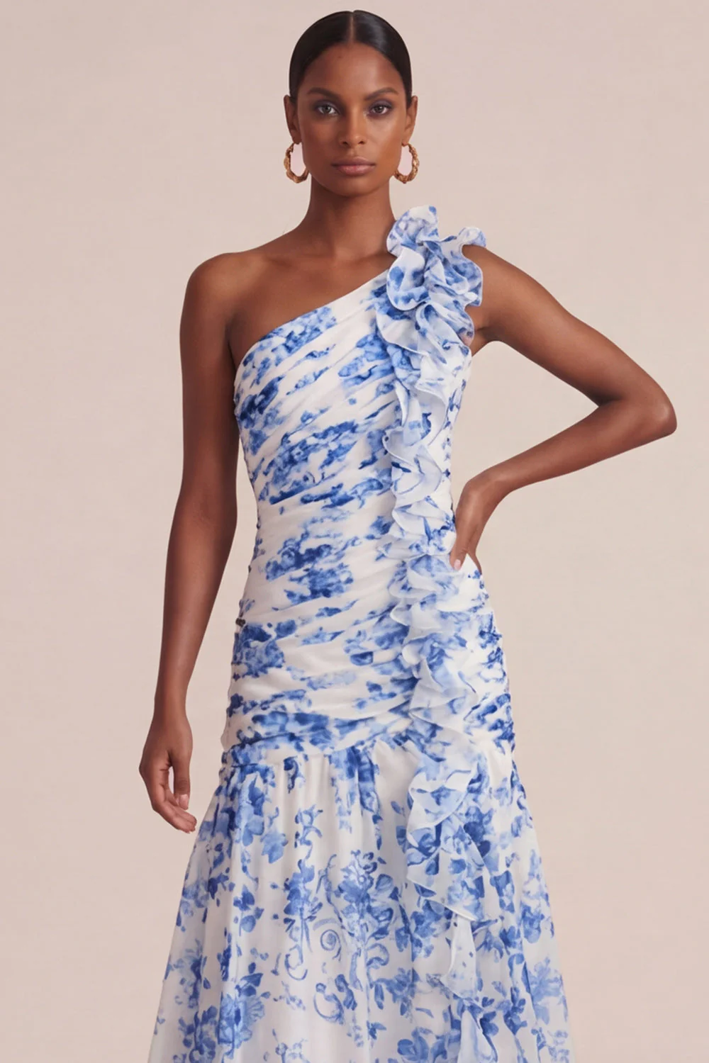 Blue A Line One Shoulder Printed Long Floral Dress with Ruffles - Image 3
