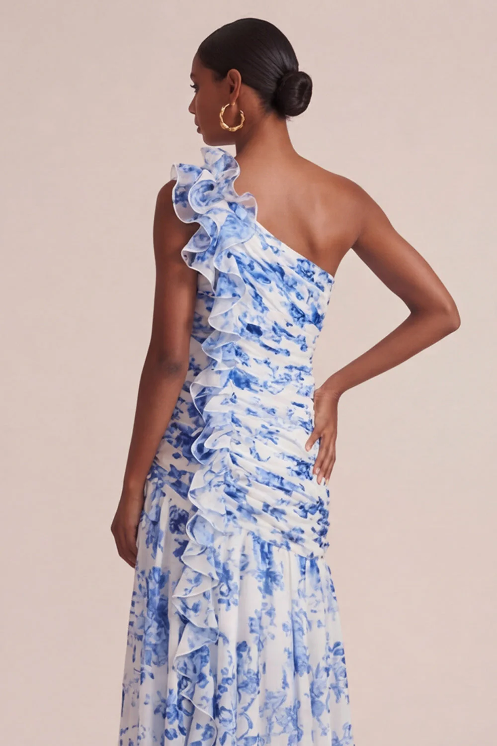 Blue A Line One Shoulder Printed Long Floral Dress with Ruffles - Image 4